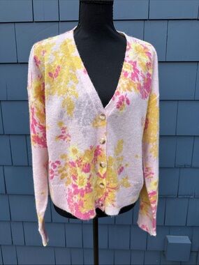Sundance Pink and Yellow Floral V-Neck Button Cardigan L